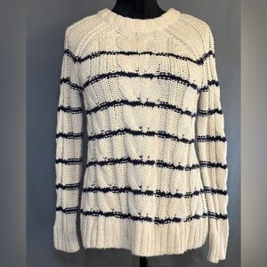 J. Jill Cream & Navy Striped Crew Pullover Preppy Cable Knit Raglan Sweater XS